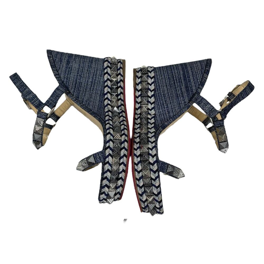 Christian Louboutin Lame Lux Pyraclou 110 Denim Wedge Sandal Blue Size 41 - Picture 7 of 14